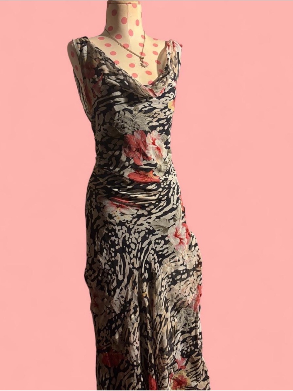 Mixit Black Floral Cowl Neck Maxi Dress with Ivory and Pink Accents